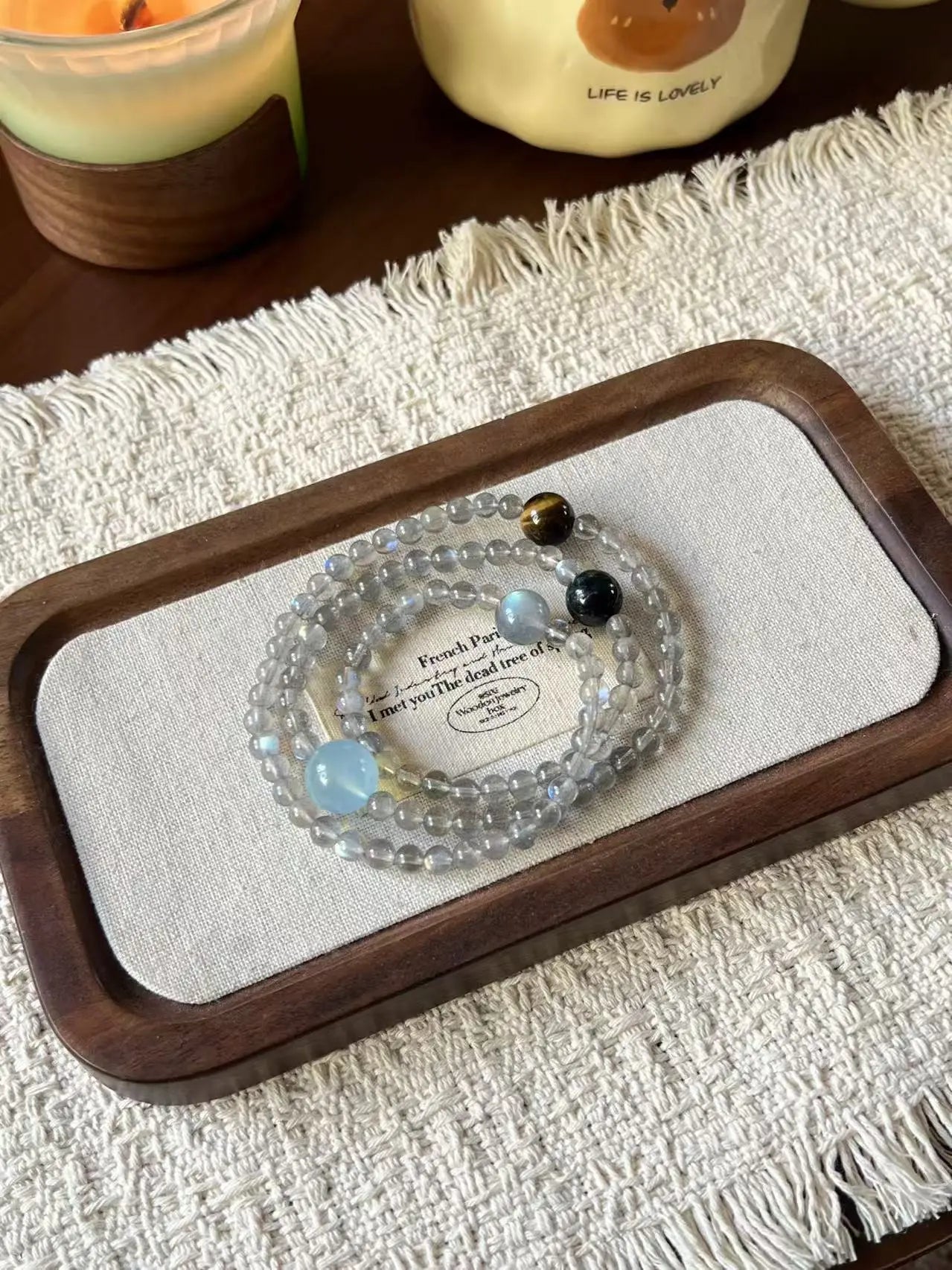 Triple-Wrap Gray Moonstone, Aquamarine & Tiger‘s Eye Bracelet – Hand-Strung Crystal Healing Bracelet Miya Atelier-Shenzhen
