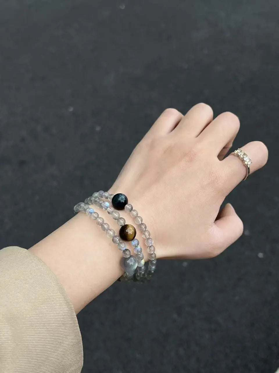 Triple-Wrap Gray Moonstone, Aquamarine & Tiger‘s Eye Bracelet – Hand-Strung Crystal Healing Bracelet Miya Atelier-Shenzhen