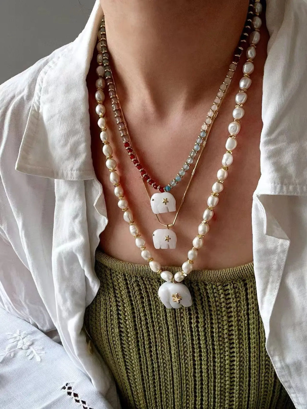 Sara Lashay White Jade Elephant & Natural Pearl Necklace Miya Atelier-Shenzhen