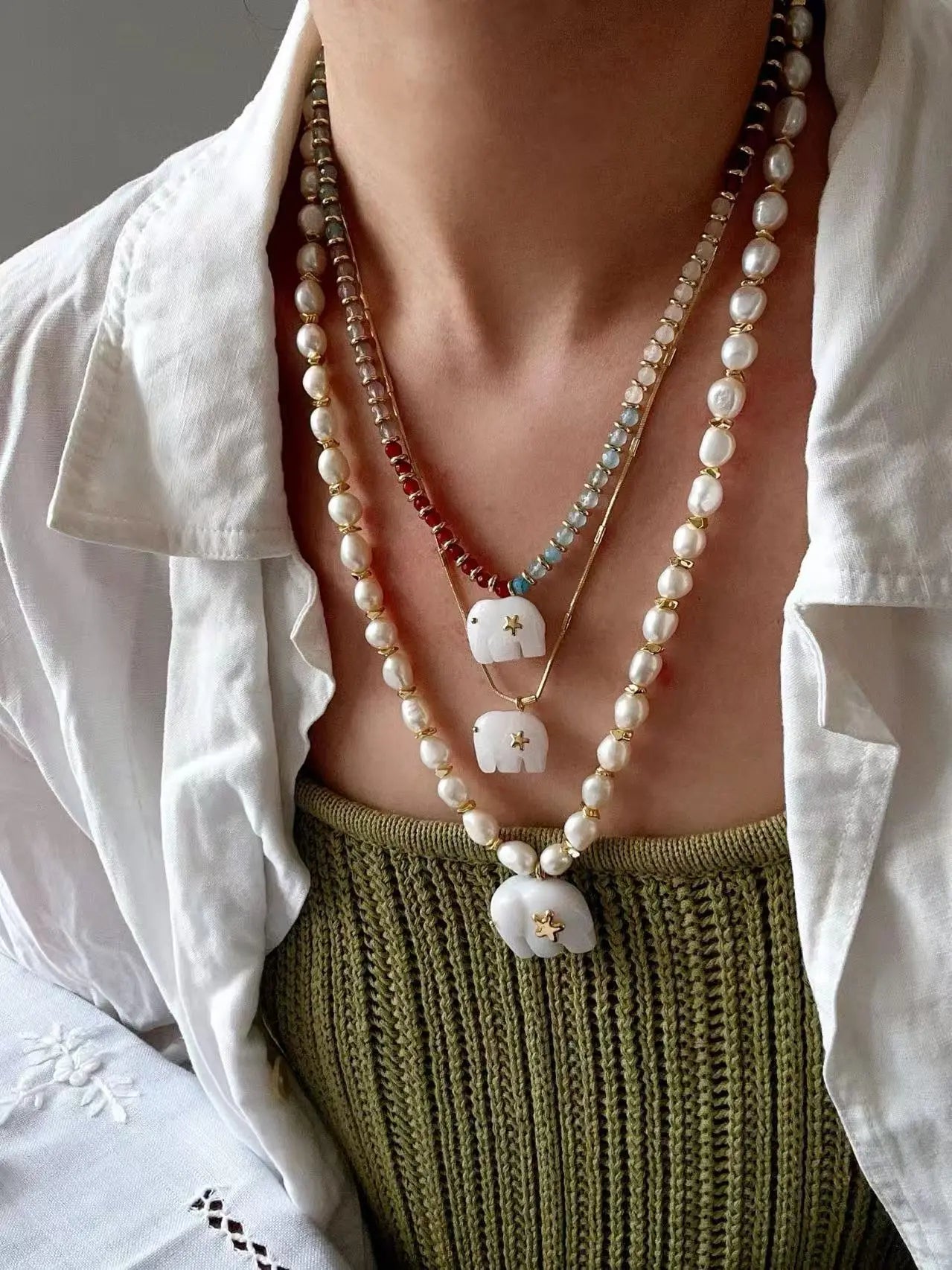 Sara Lashay White Jade Elephant & Natural Pearl Necklace Miya Atelier-Shenzhen