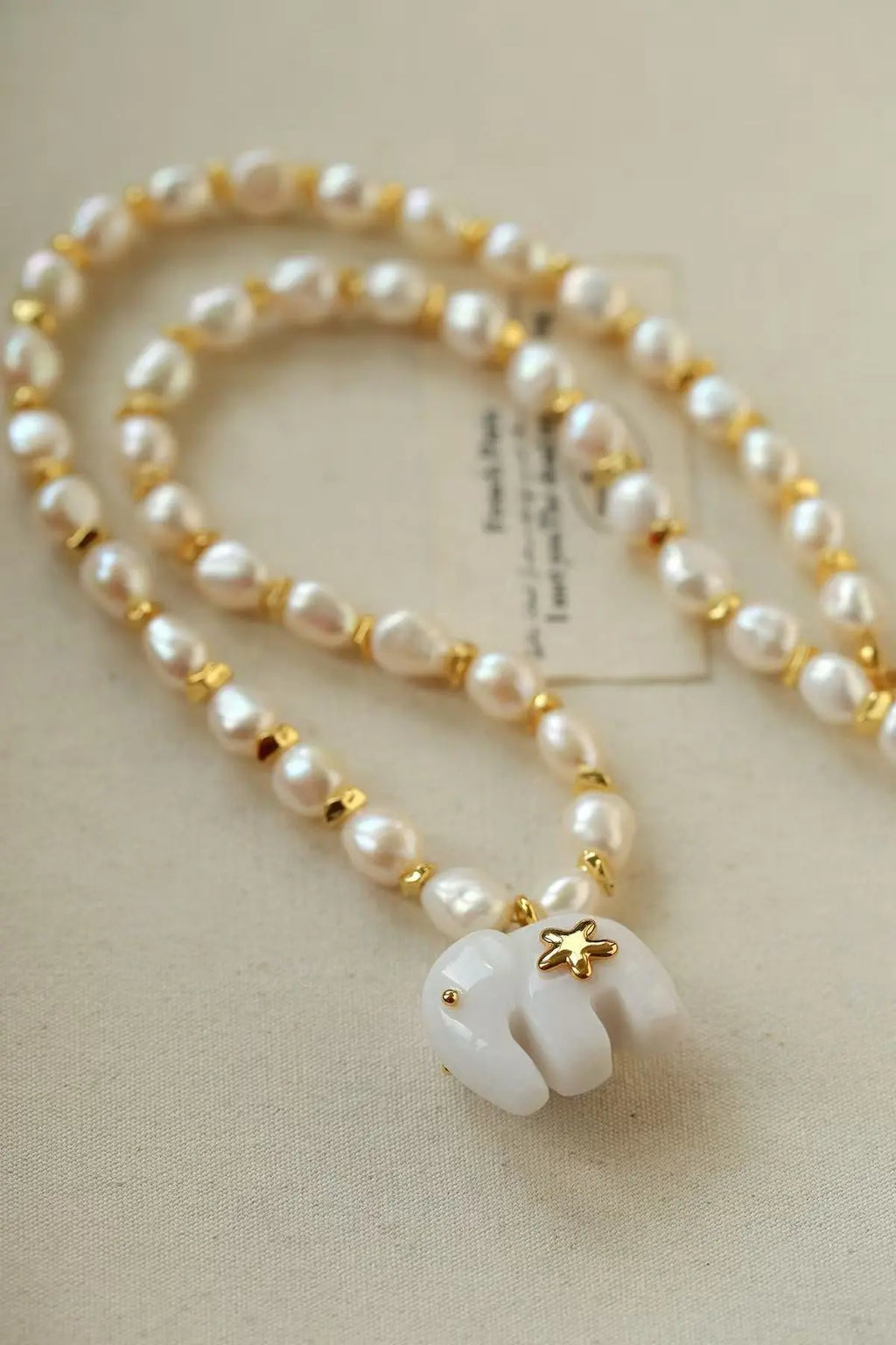 Sara Lashay White Jade Elephant & Natural Pearl Necklace Miya Atelier-Shenzhen