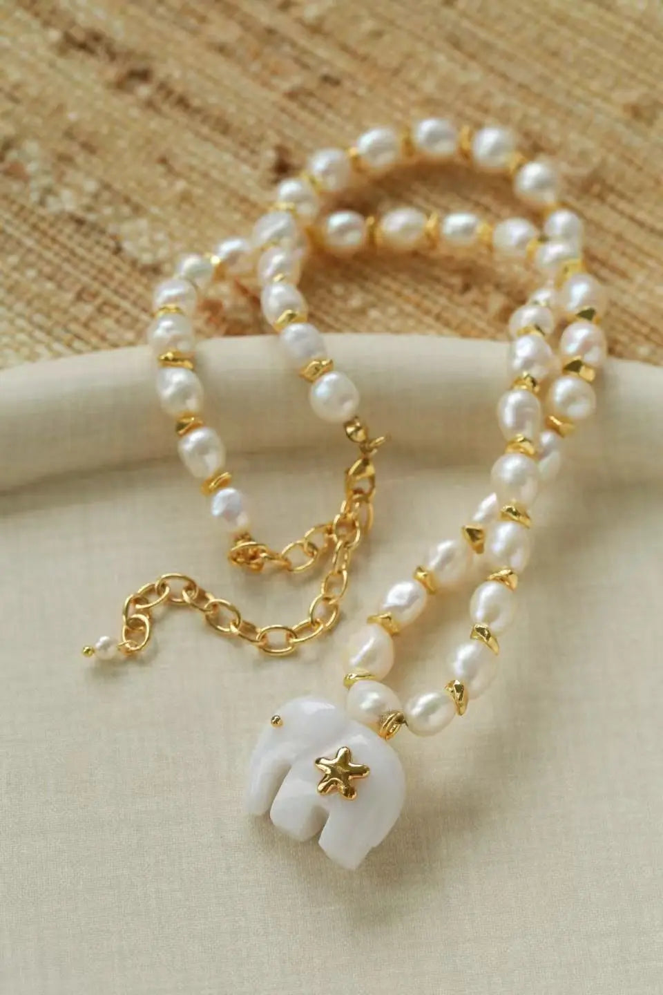 Sara Lashay White Jade Elephant & Natural Pearl Necklace Miya Atelier-Shenzhen