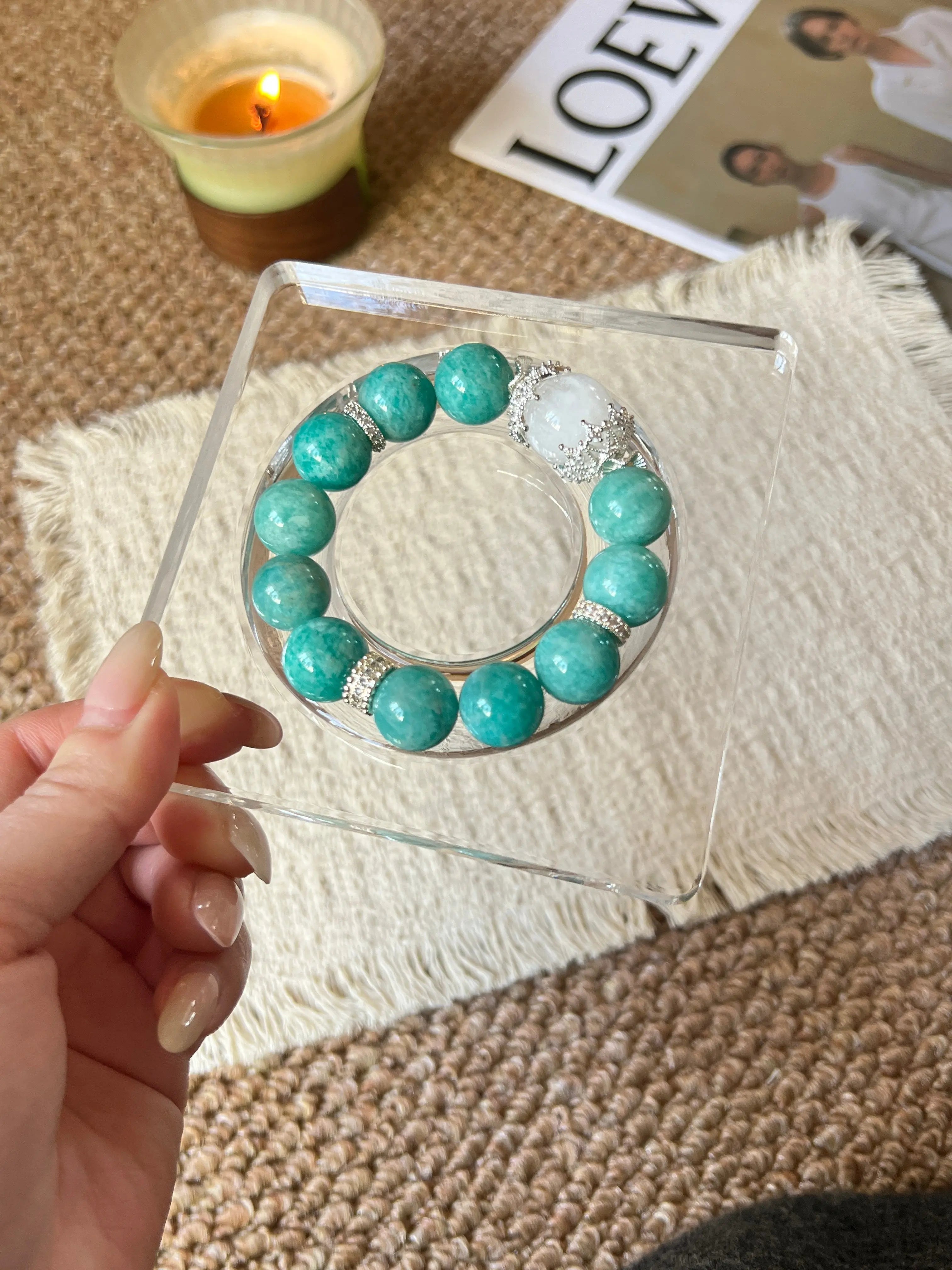 Turquoise & Phantom Quartz Stretch Bracelet – 14mm Beads, Copper Alloy Accents Miya Atelier-Shenzhen