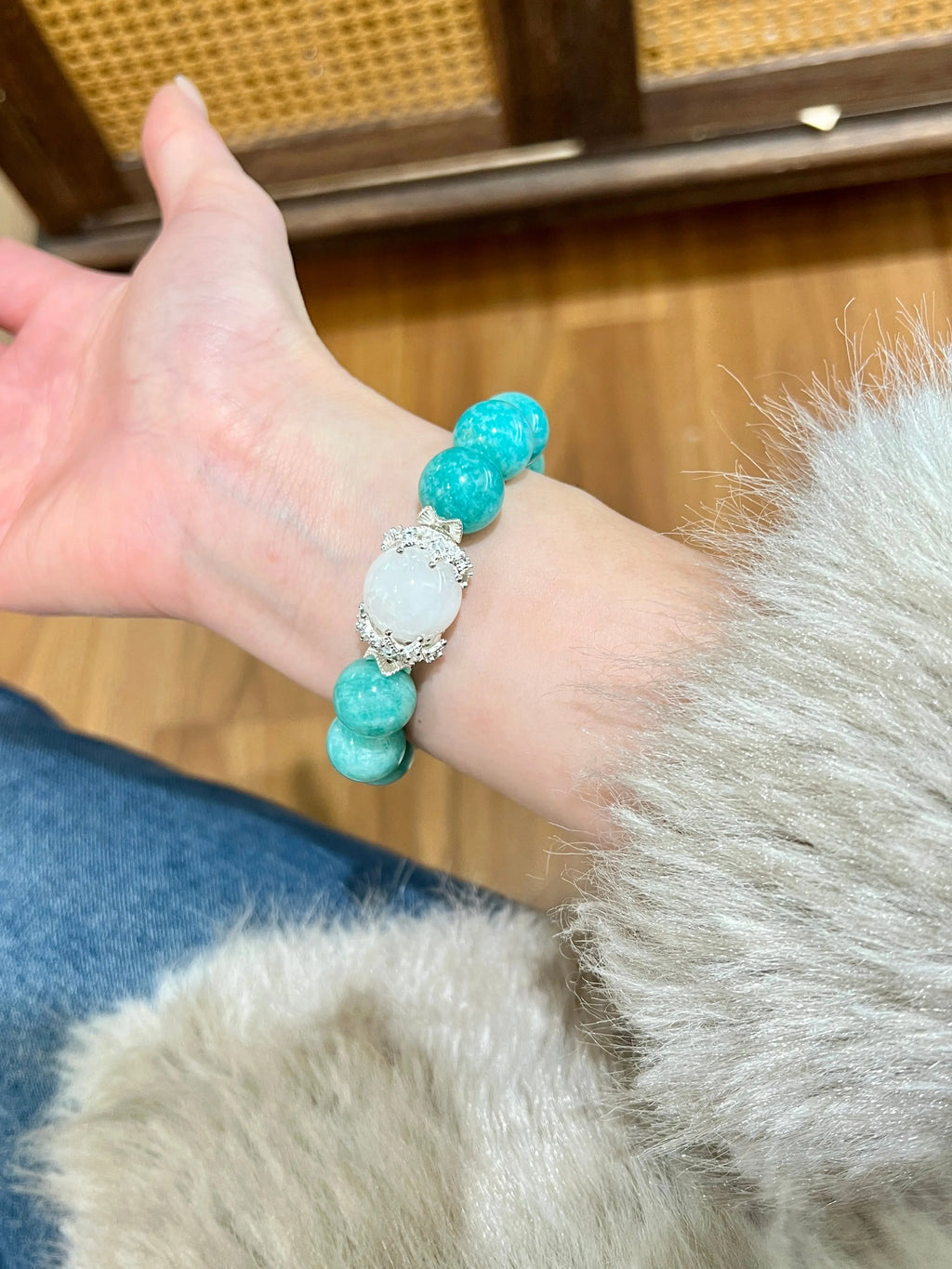 Turquoise & Phantom Quartz Stretch Bracelet – 14mm Beads, Copper Alloy Accents Miya Atelier-Shenzhen