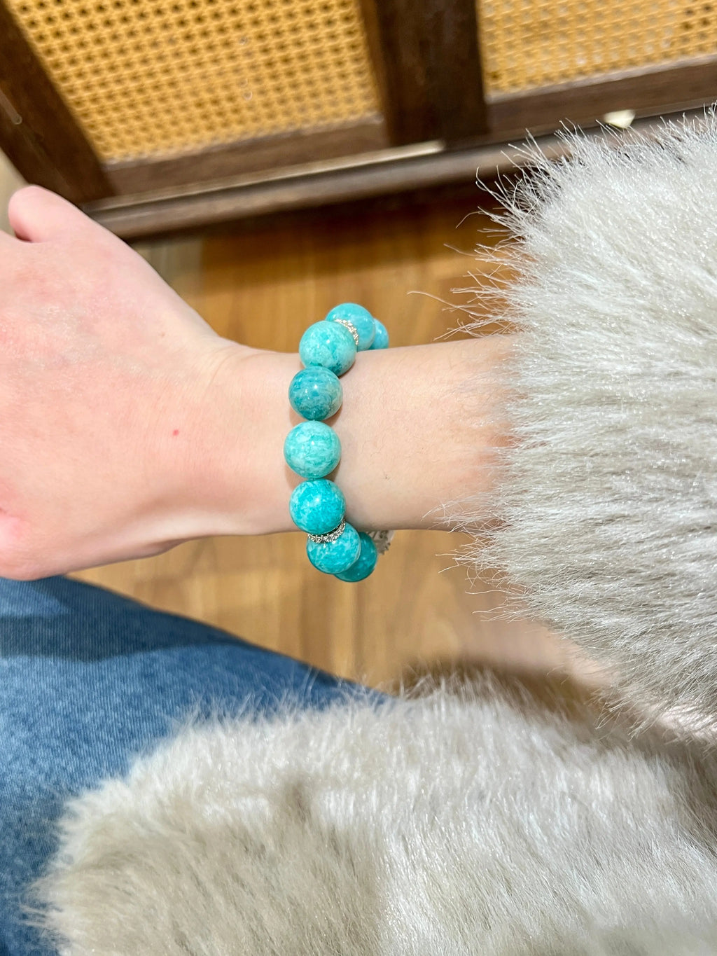 Turquoise & Phantom Quartz Stretch Bracelet – 14mm Beads, Copper Alloy Accents Miya Atelier-Shenzhen