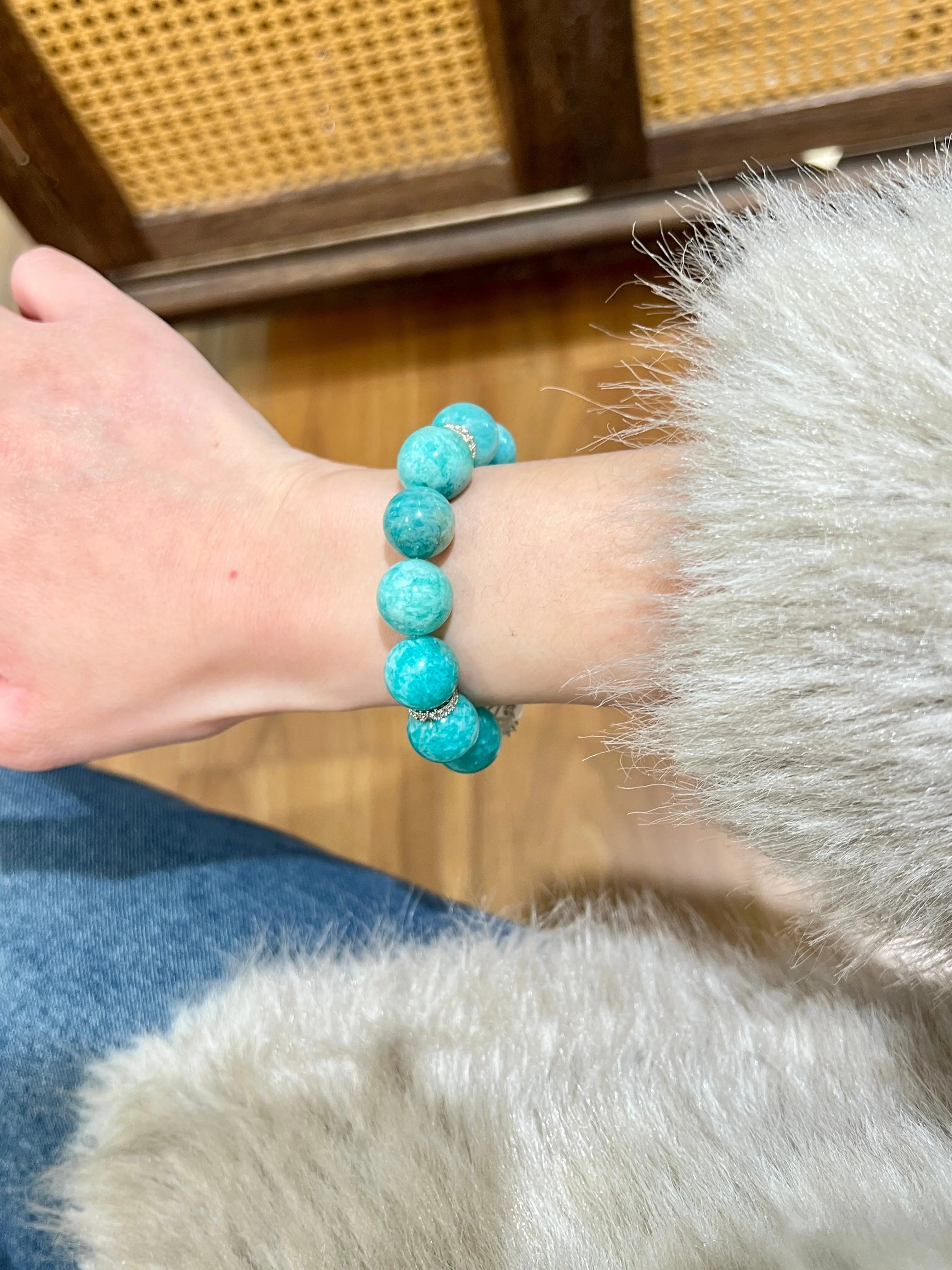 Turquoise & Phantom Quartz Stretch Bracelet – 14mm Beads, Copper Alloy Accents Miya Atelier-Shenzhen