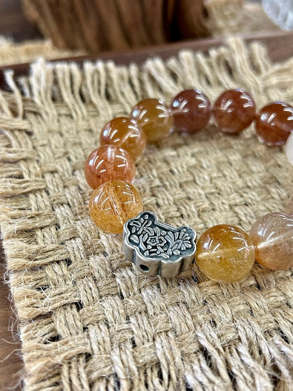 Multi-Color Rutilated Quartz & Antique Silver Ruyi Lock Bracelet – 14mm Beads, Wealth & Blessings Locked In Miya Atelier-Shenzhen