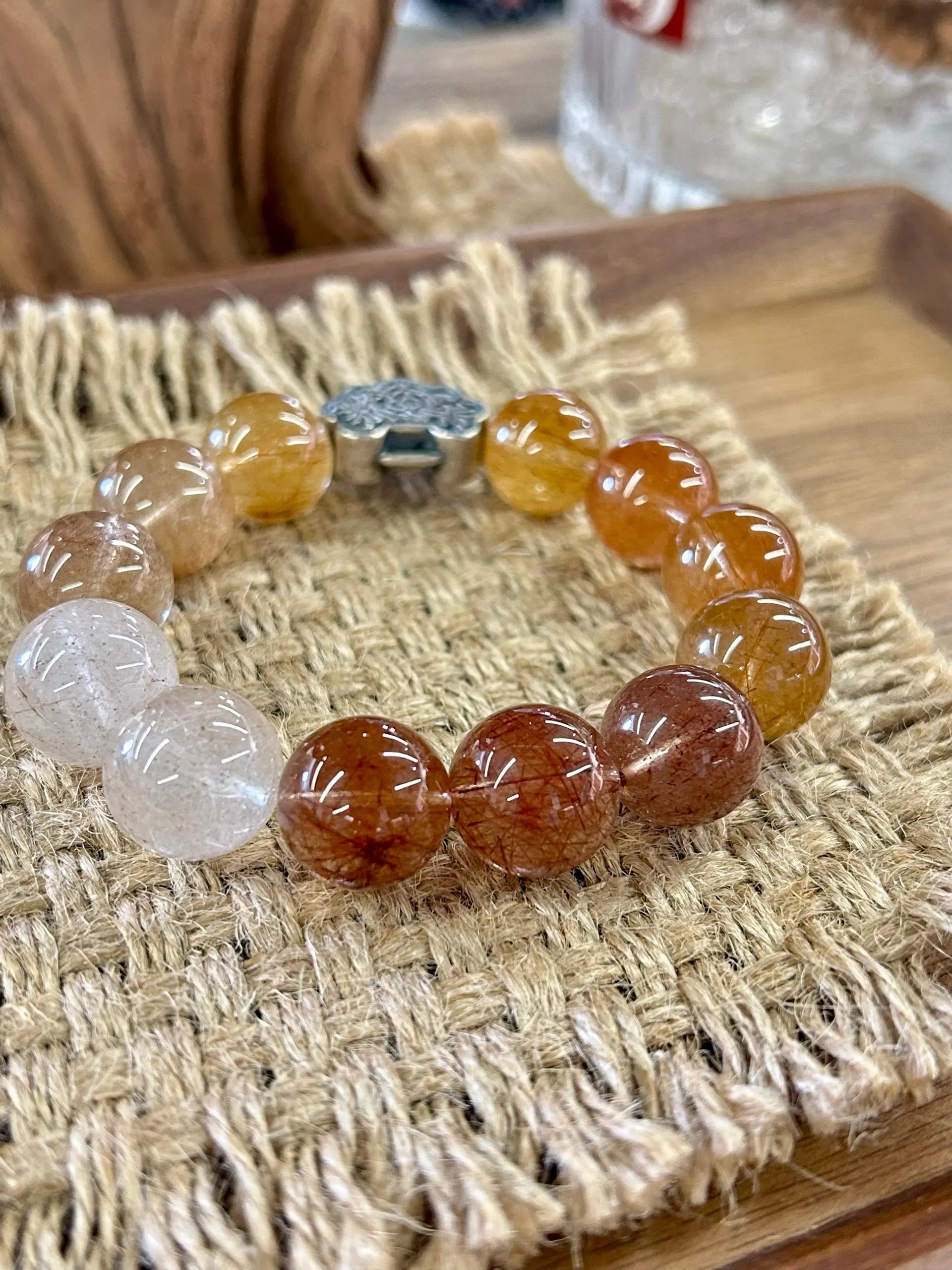 Multi-Color Rutilated Quartz & Antique Silver Ruyi Lock Bracelet – 14mm Beads, Wealth & Blessings Locked In Miya Atelier-Shenzhen