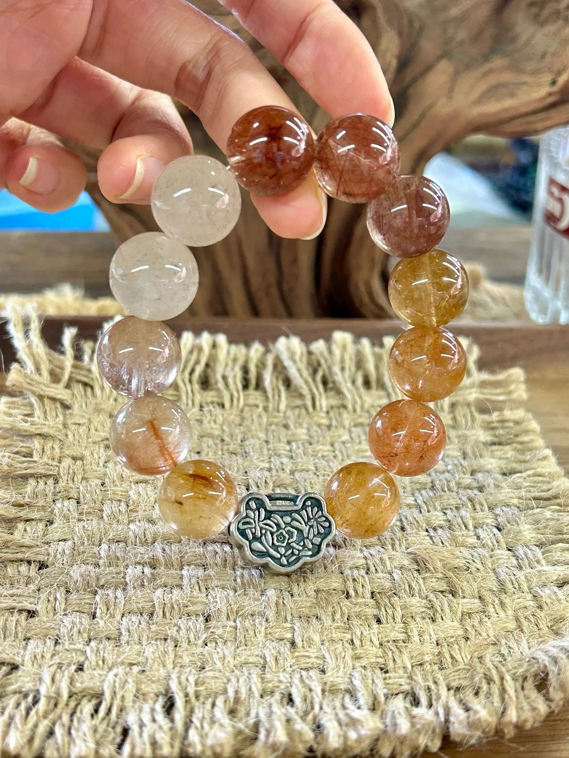 Multi-Color Rutilated Quartz & Antique Silver Ruyi Lock Bracelet – 14mm Beads, Wealth & Blessings Locked In Miya Atelier-Shenzhen