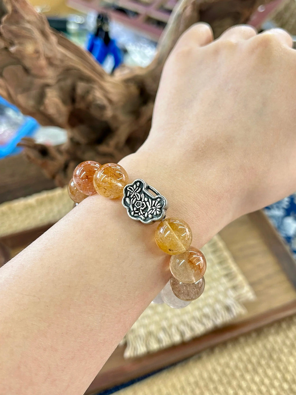 Multi-Color Rutilated Quartz & Antique Silver Ruyi Lock Bracelet – 14mm Beads, Wealth & Blessings Locked In Miya Atelier-Shenzhen