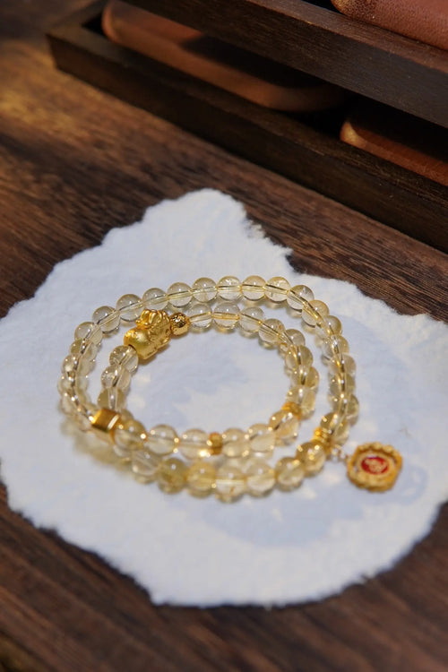 Brazilian Citrine & Pixiu Bracelet – 6mm Beads, Silver Gold-Plated Accents Miya Atelier-Shenzhen
