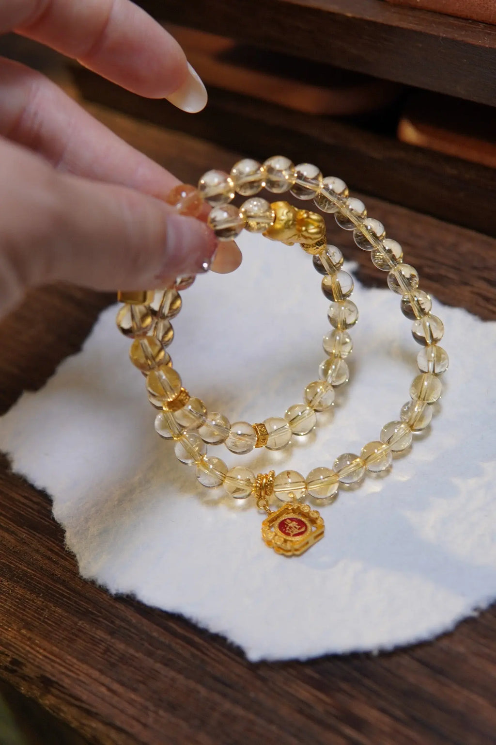 Brazilian Citrine & Pixiu Bracelet – 6mm Beads, Silver Gold-Plated Accents Miya Atelier-Shenzhen