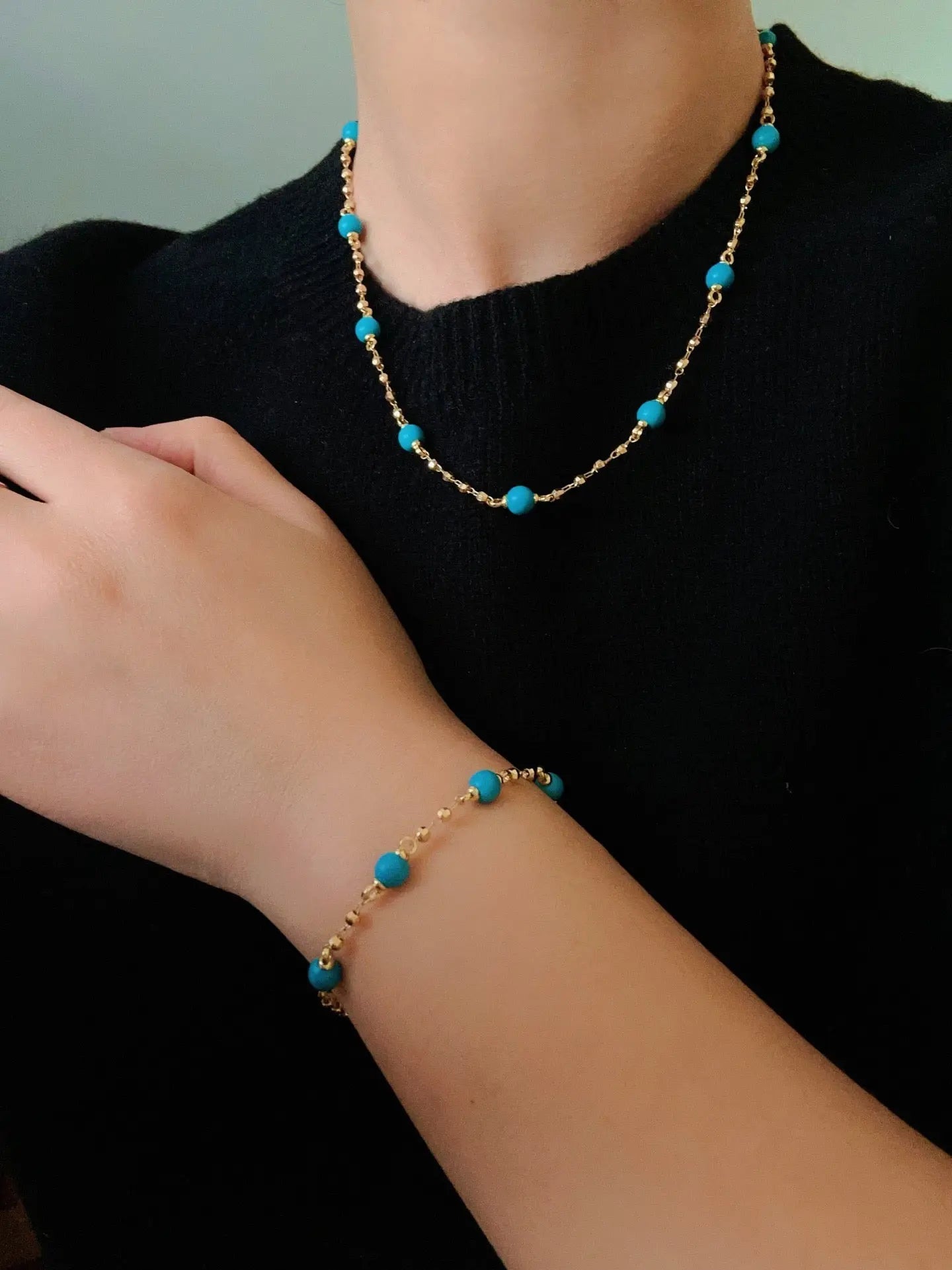 Starlight Drizzle Set – Optimized Turquoise Bead Necklace & Bracelet, Gold Chain Miya Atelier-Shenzhen