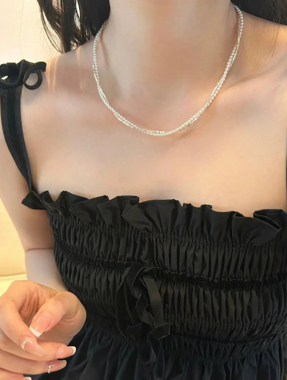 Crushed Silver & Pearl Double-Layer Necklace – Natural Aurora Freshwater Pearl, Sparkling Silver Chain Miya Atelier-Shenzhen