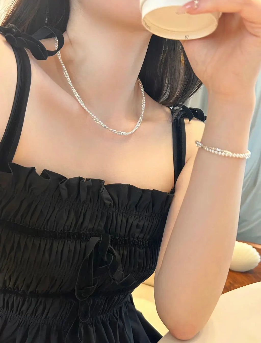 Crushed Silver & Pearl Double-Layer Bracelet – Natural Aurora Freshwater Pearl, Sparkling Silver Chain Miya Atelier-Shenzhen