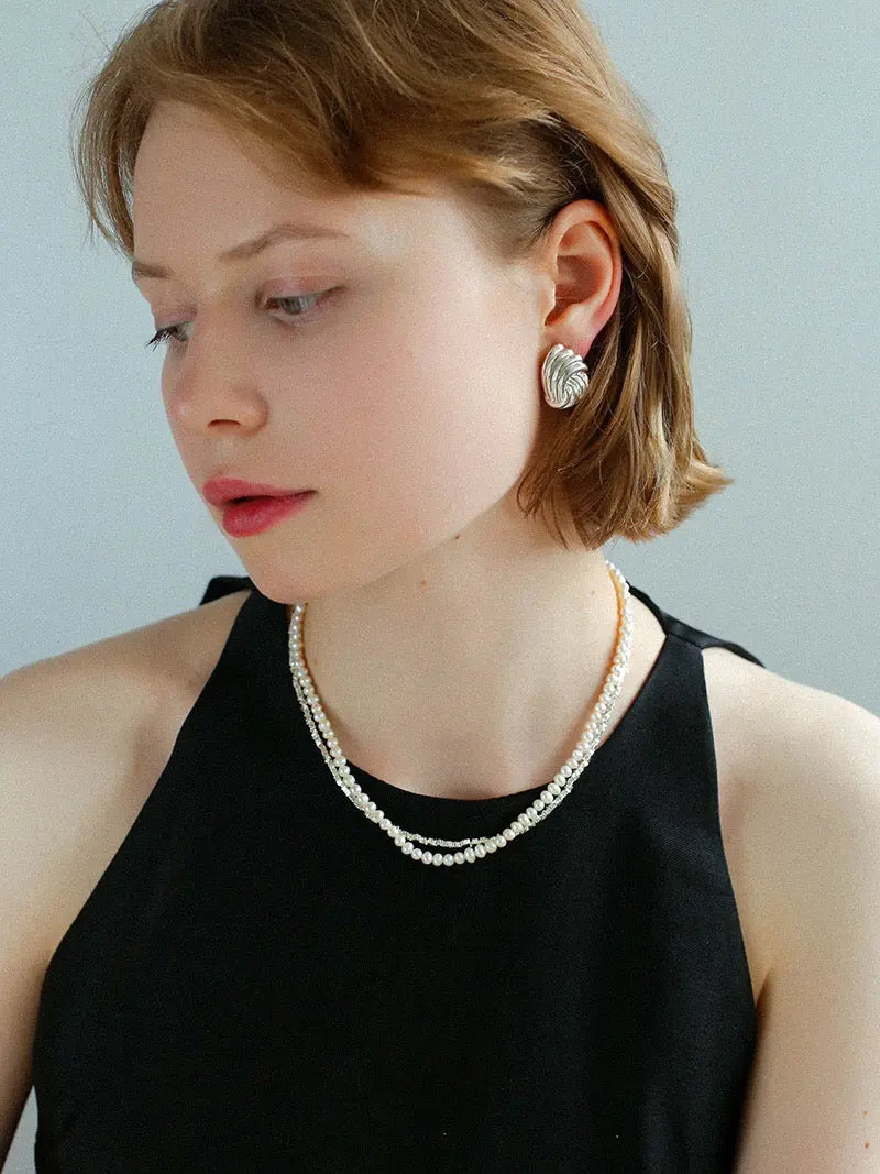 Crushed Silver & Pearl Double-Layer Necklace – Natural Aurora Freshwater Pearl, Sparkling Silver Chain Miya Atelier-Shenzhen