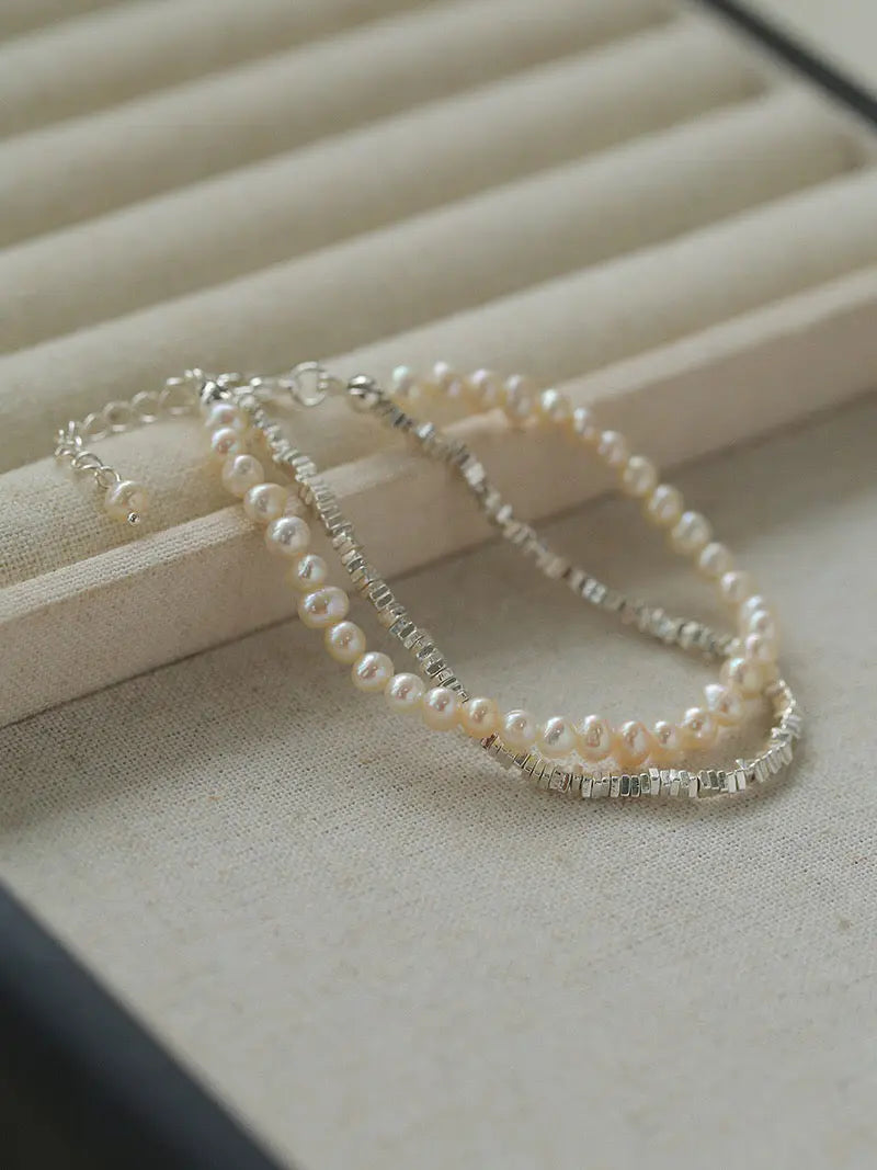 Crushed Silver & Pearl Double-Layer Bracelet – Natural Aurora Freshwater Pearl, Sparkling Silver Chain Miya Atelier-Shenzhen