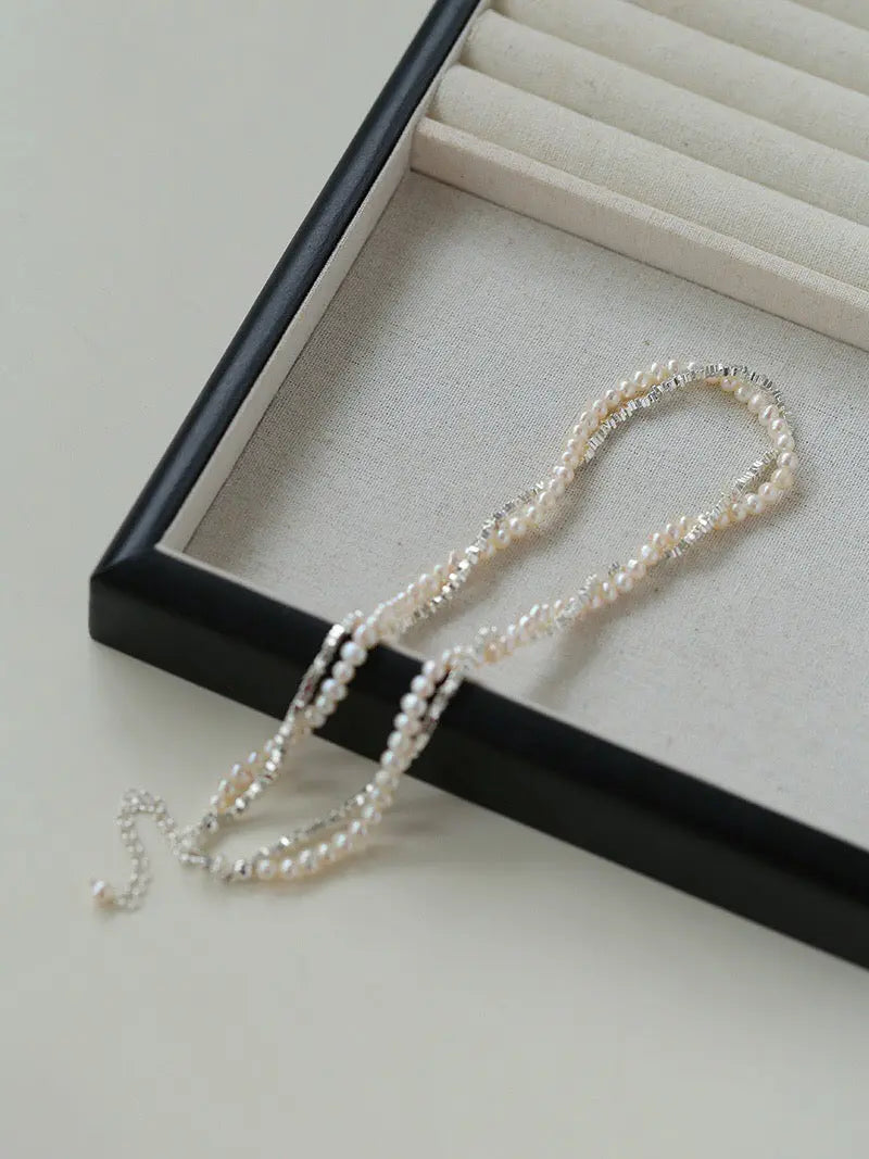 Crushed Silver & Pearl Double-Layer Necklace – Natural Aurora Freshwater Pearl, Sparkling Silver Chain Miya Atelier-Shenzhen