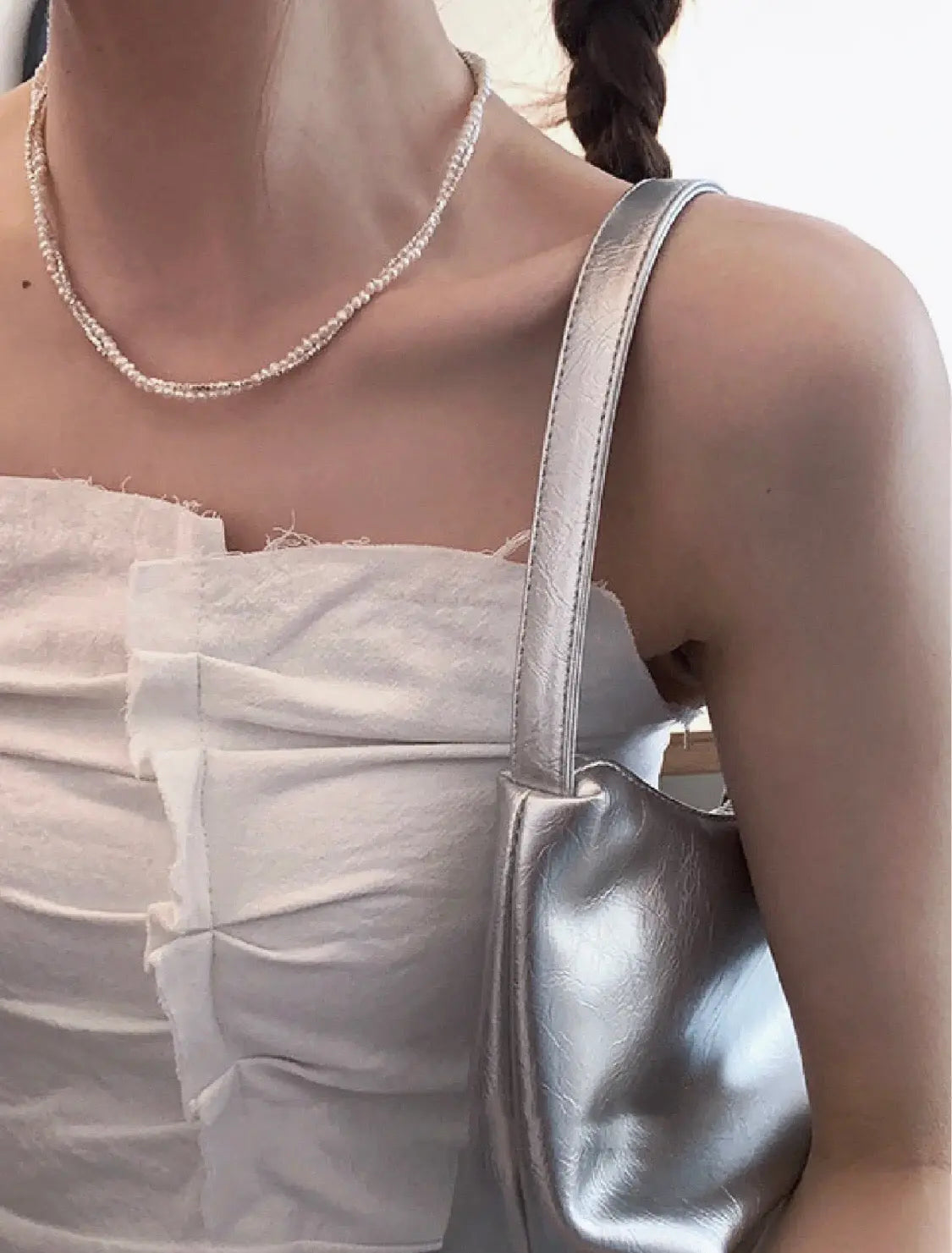 Crushed Silver & Pearl Double-Layer Necklace – Natural Aurora Freshwater Pearl, Sparkling Silver Chain Miya Atelier-Shenzhen