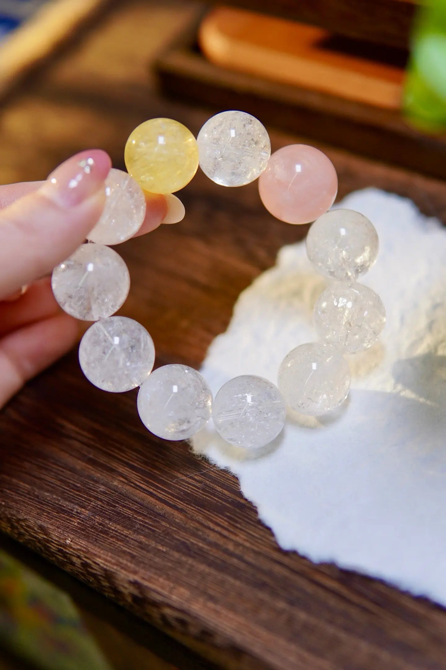 Clear Azeztulite · Yellow Fluorite · Rose Quartz Bracelet – 18mm Beads, Triple Blessing Miya Atelier-Shenzhen