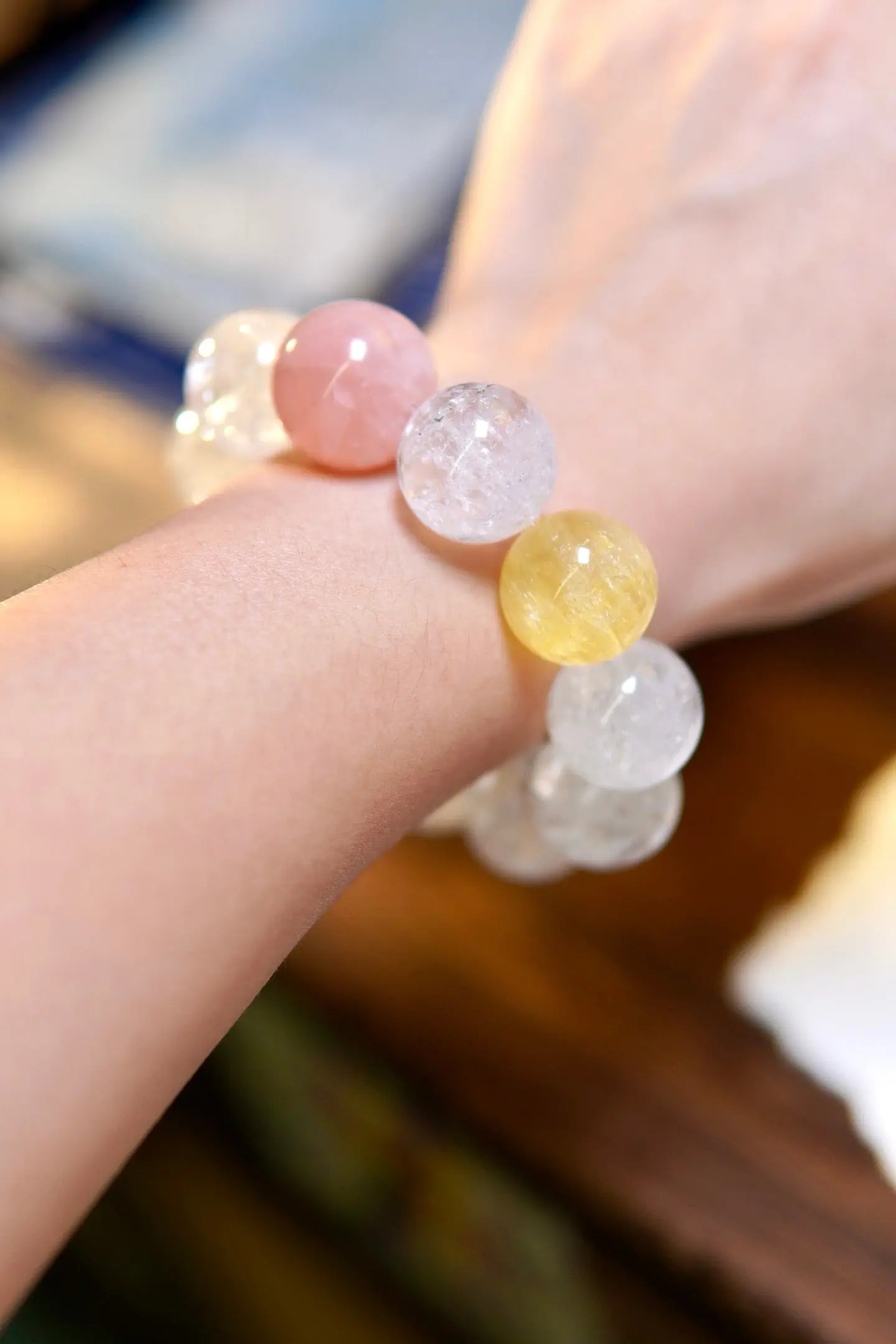 Clear Azeztulite · Yellow Fluorite · Rose Quartz Bracelet – 18mm Beads, Triple Blessing Miya Atelier-Shenzhen