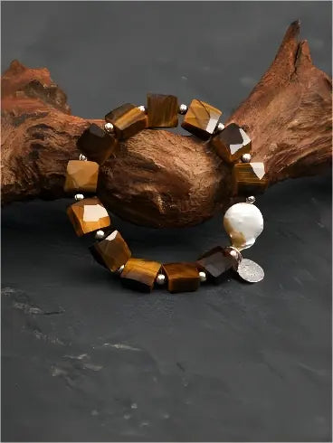 Golden Tiger & Pearl Tag Bracelet Miya Atelier