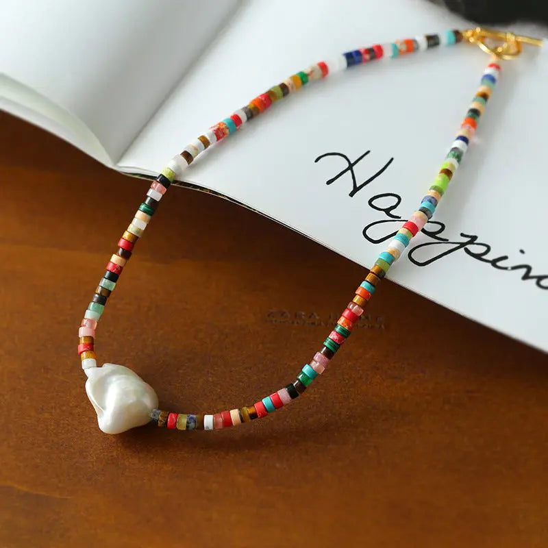 Rainbow Stone & Baroque Pearl Bohemian Necklace Miya Atelier-Shenzhen
