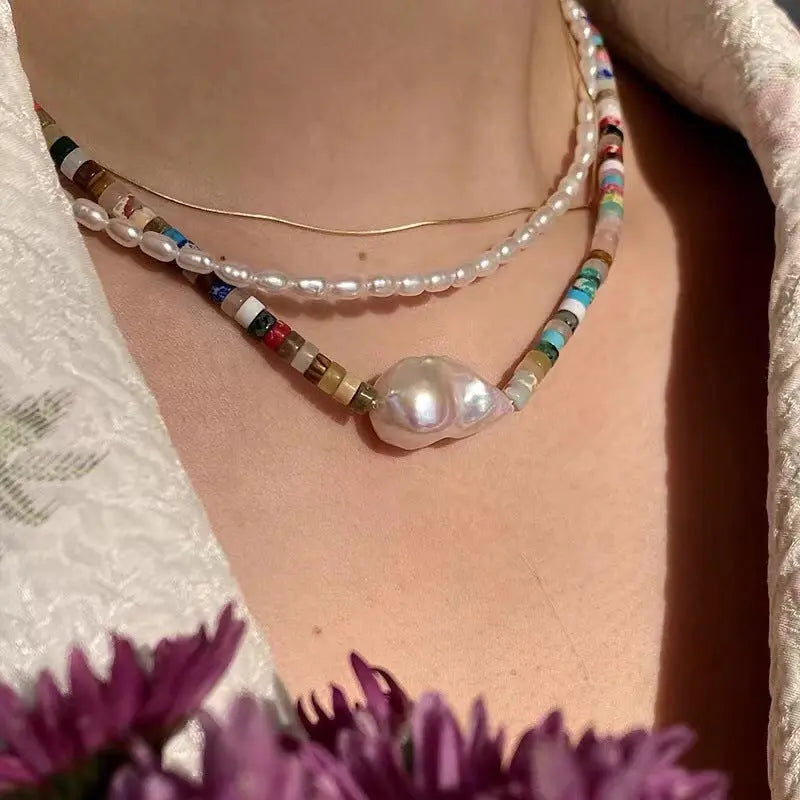 Rainbow Stone & Baroque Pearl Bohemian Necklace Miya Atelier-Shenzhen