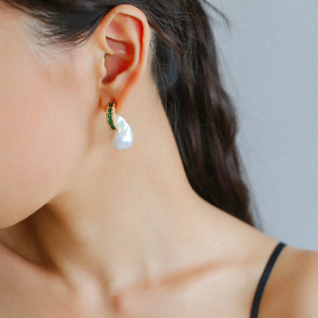Green Zircon & Baroque Pearl Stud Earrings Miya Atelier-Shenzhen
