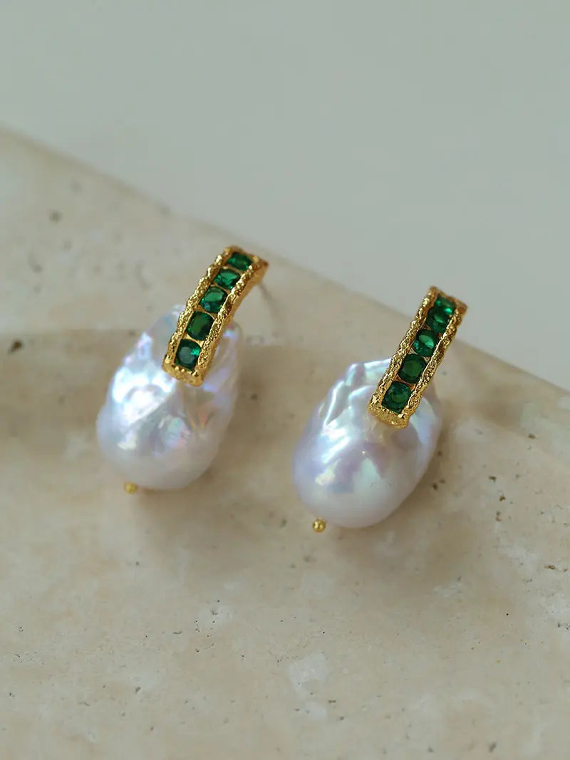 Green Zircon & Baroque Pearl Stud Earrings Miya Atelier-Shenzhen