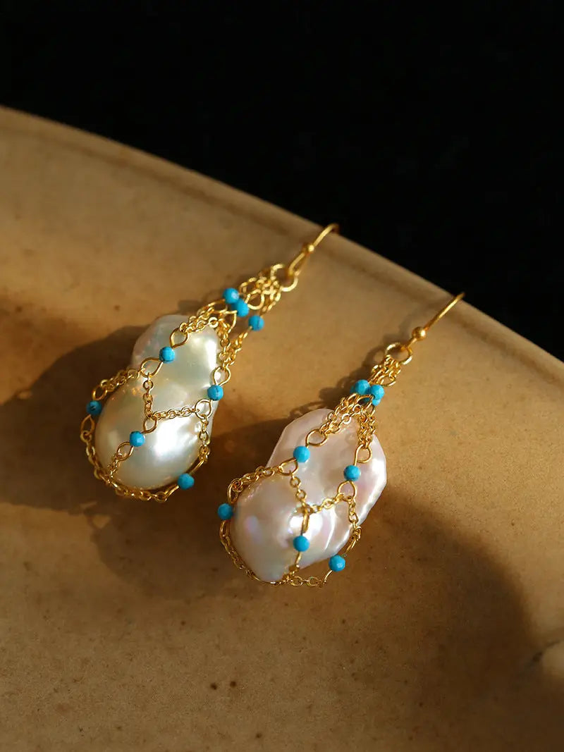Neo-Chinese Style Netted Earrings – Enhanced Turquoise & Baroque Pearl Miya Atelier-Shenzhen