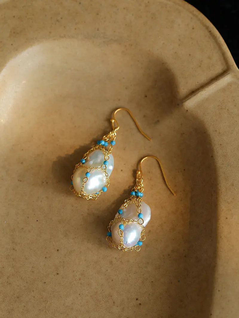 Neo-Chinese Style Netted Earrings – Enhanced Turquoise & Baroque Pearl Miya Atelier-Shenzhen