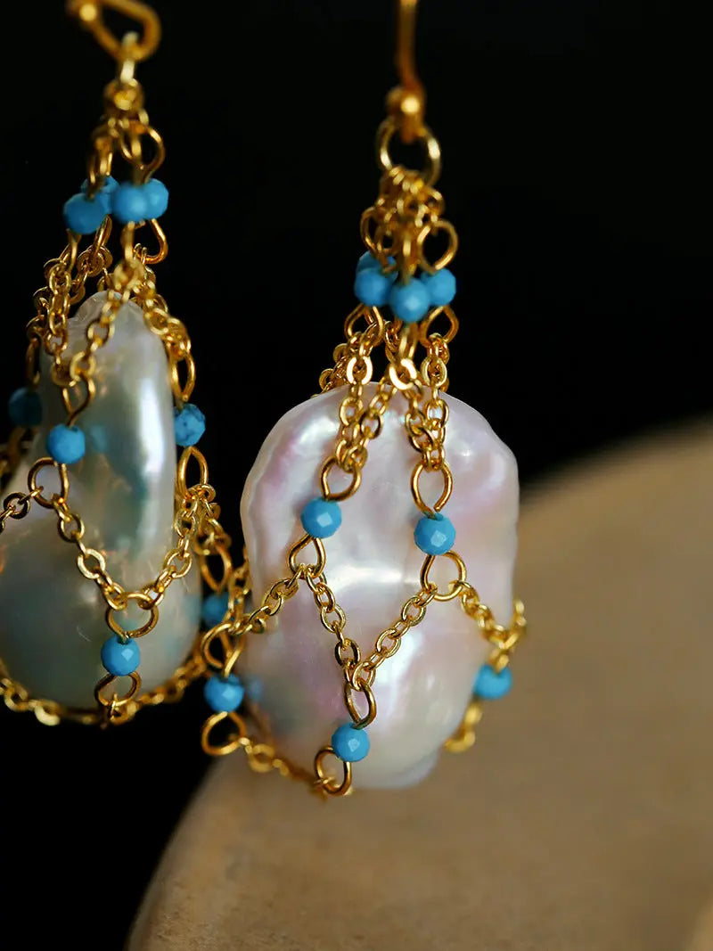 Neo-Chinese Style Netted Earrings – Enhanced Turquoise & Baroque Pearl Miya Atelier-Shenzhen
