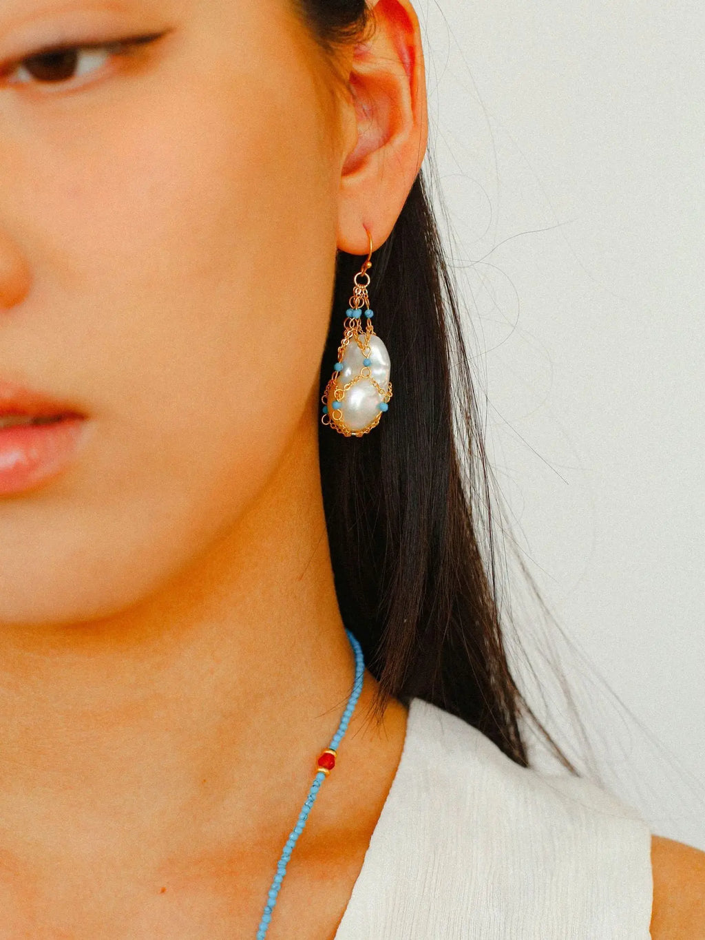 Neo-Chinese Style Netted Earrings – Enhanced Turquoise & Baroque Pearl Miya Atelier-Shenzhen
