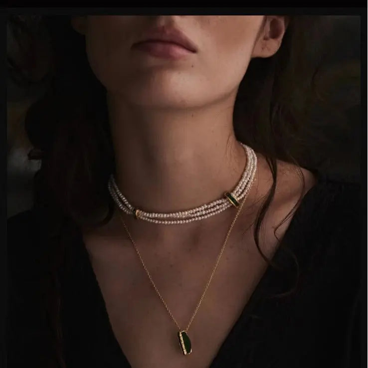 Triple-Layer Rice Pearl & Green Zircon Choker Necklace Miya Atelier-Shenzhen