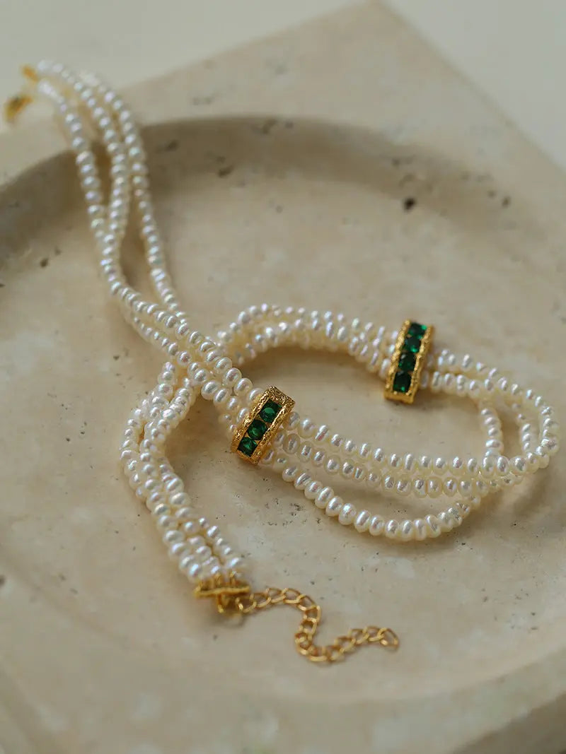Triple-Layer Rice Pearl & Green Zircon Choker Necklace Miya Atelier-Shenzhen