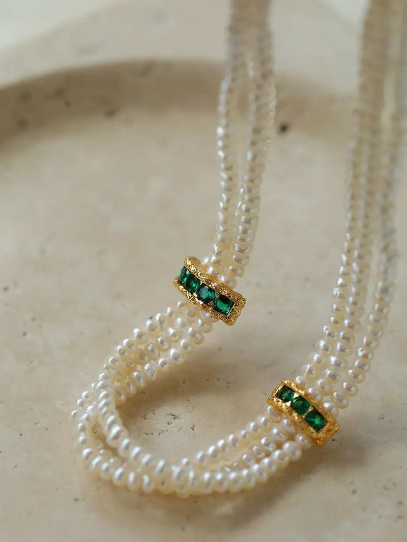 Triple-Layer Rice Pearl & Green Zircon Choker Necklace Miya Atelier-Shenzhen