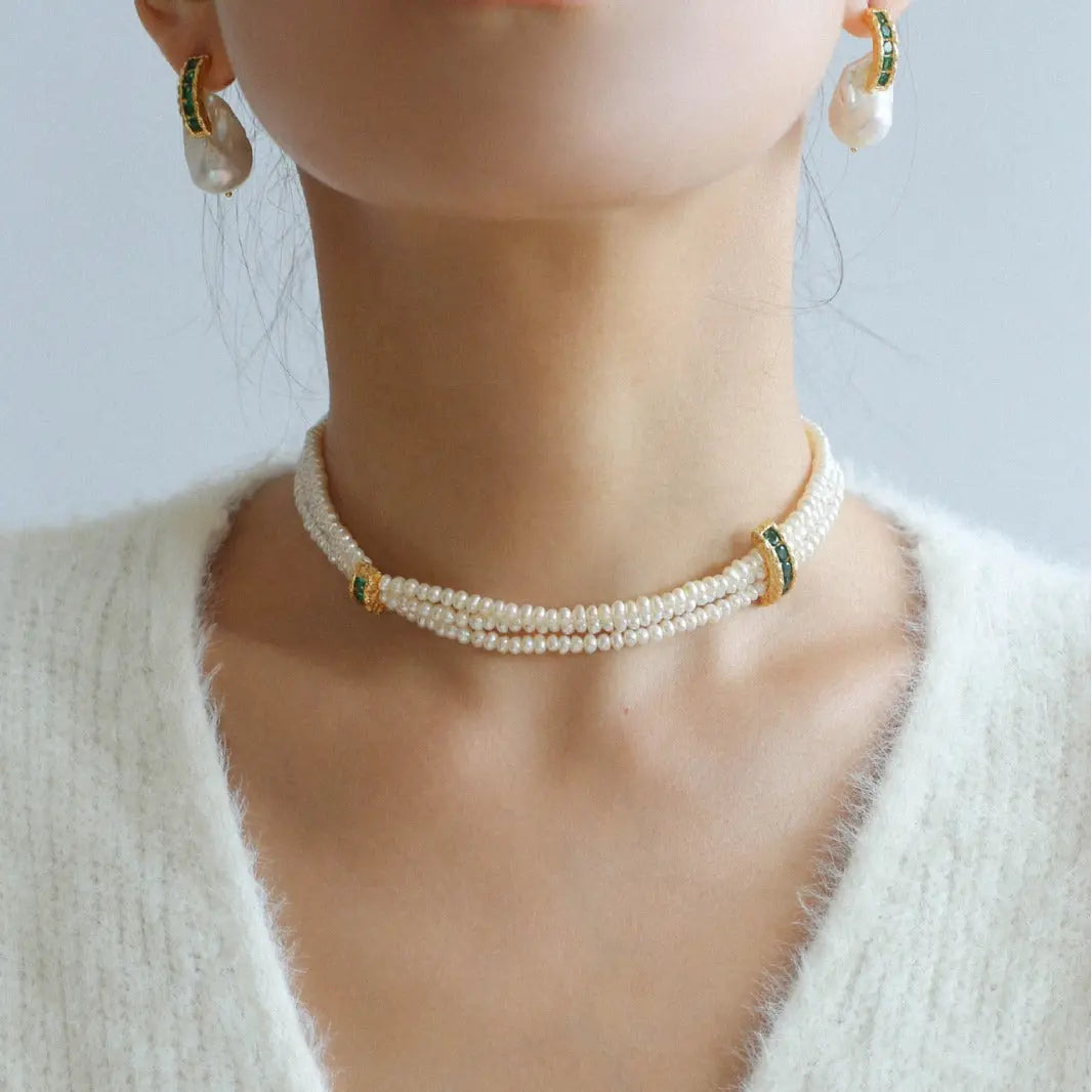 Triple-Layer Rice Pearl & Green Zircon Choker Necklace Miya Atelier-Shenzhen