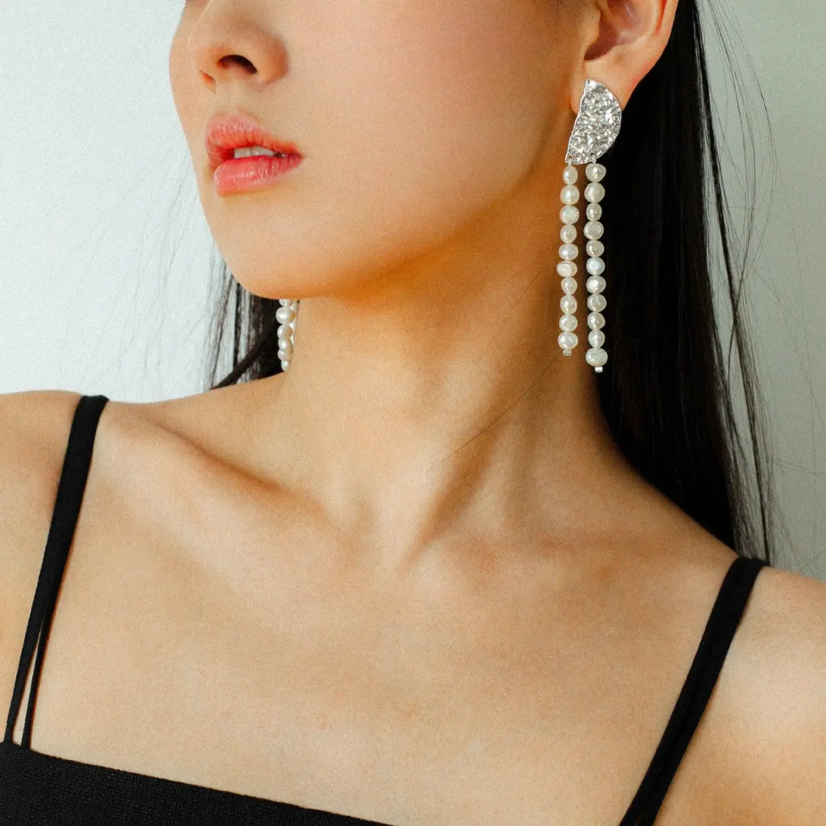 Half-Moon Lava Tassel Pearl Drop Earrings