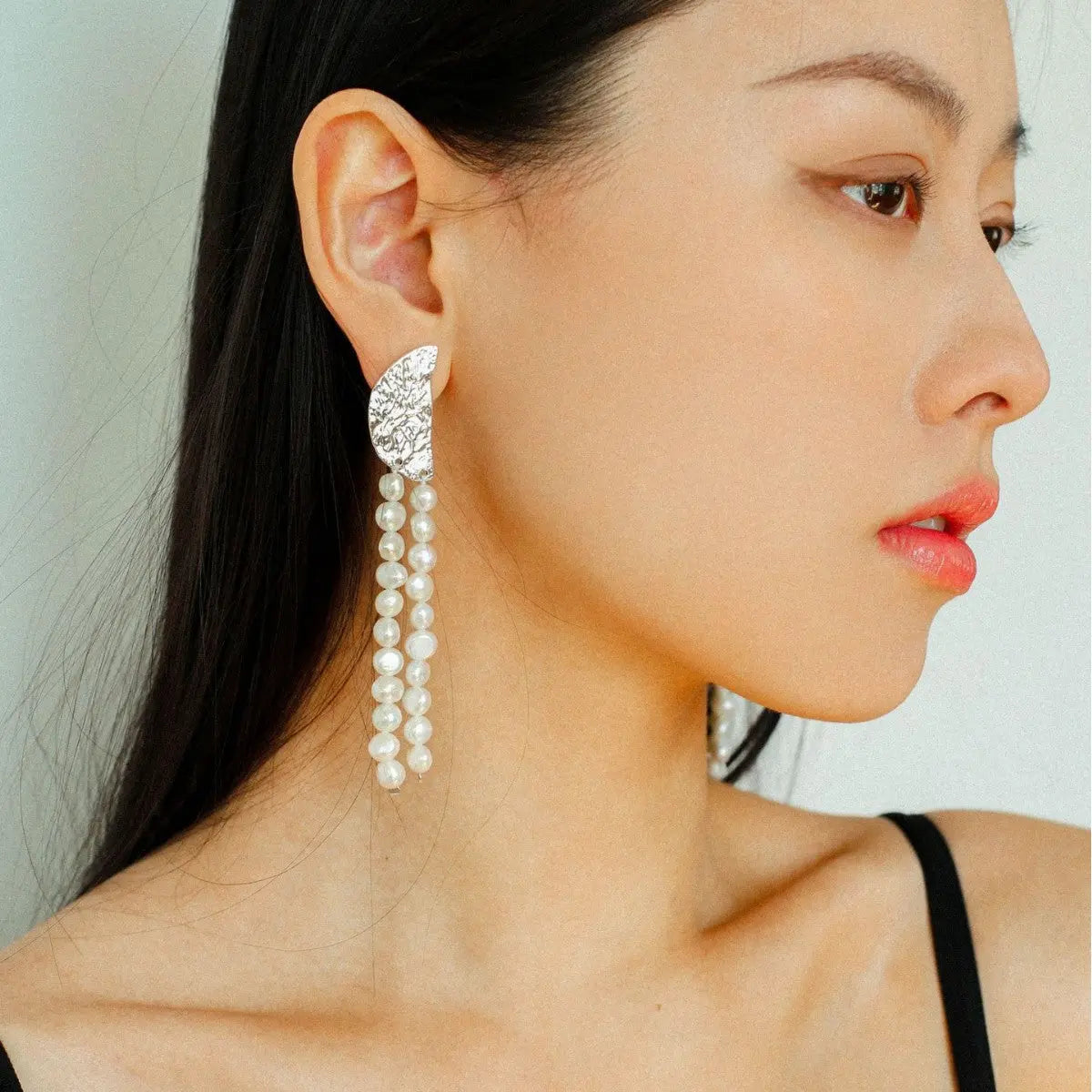 Half-Moon Lava Tassel Pearl Drop Earrings