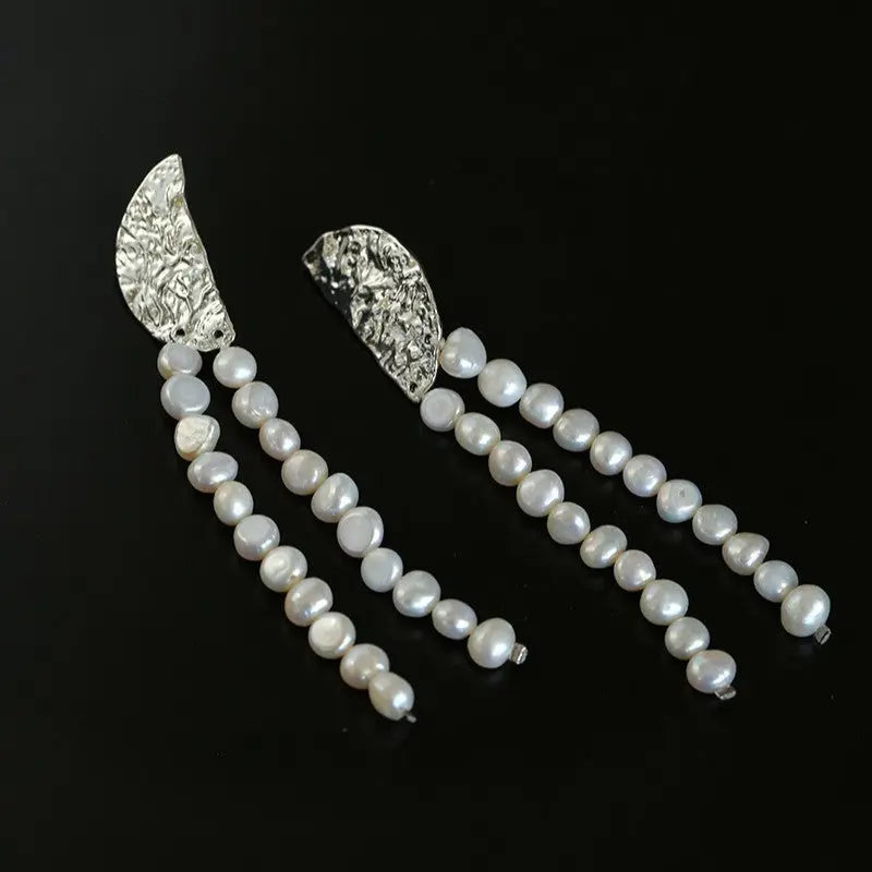 Half-Moon Lava Tassel Pearl Drop Earrings