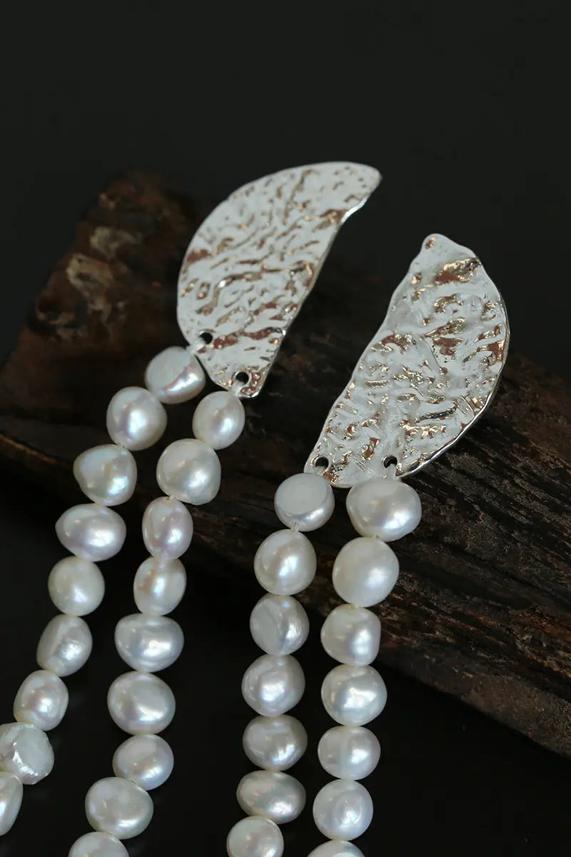 Half-Moon Lava Tassel Pearl Drop Earrings