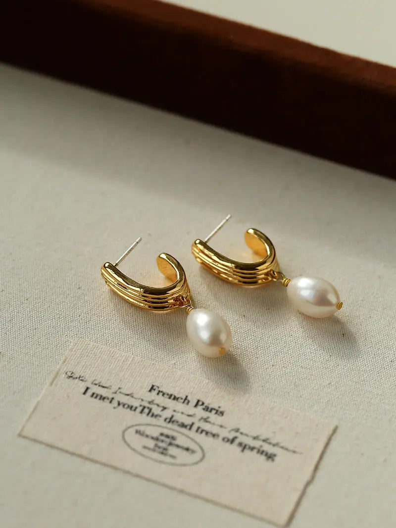 Vintage Geometric Striped J-Hoop Earrings Miya Atelier-Shenzhen