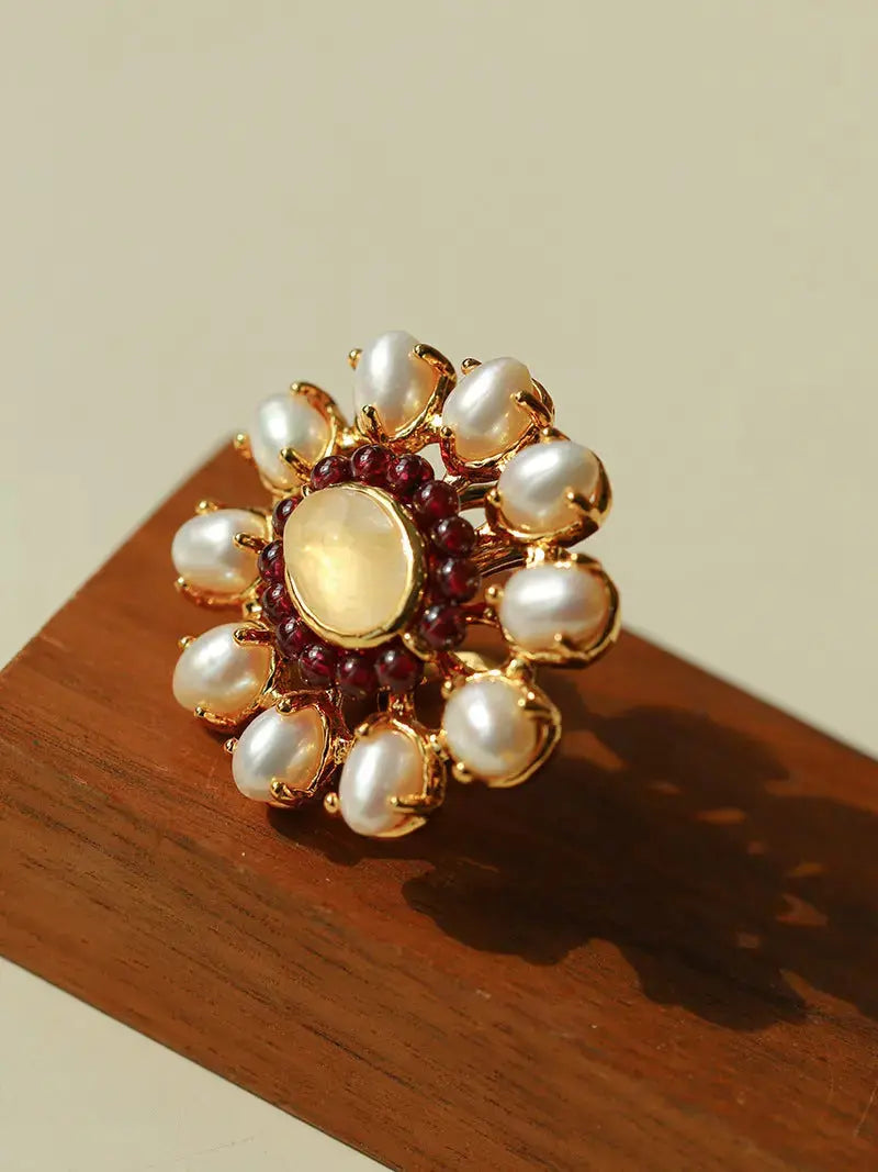 French Style Open Ring with Baroque Pearl & Garnet Miya Atelier-Shenzhen