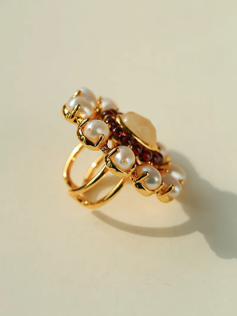 French Style Open Ring with Baroque Pearl & Garnet Miya Atelier-Shenzhen