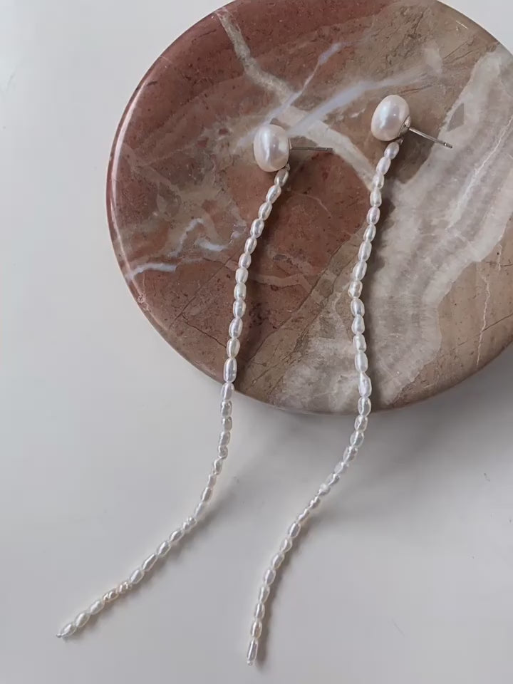 Handcrafted Rice Pearl Long Drop Earrings